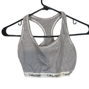 Calvin Klein Gray Striped Racerback Cotton Blend Logo Trim Sports Bra Women Sz M